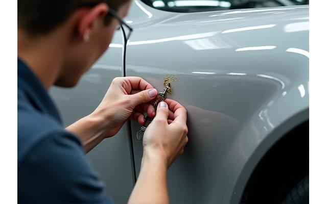 Kintsugi Motorsの熟練した技術者が車両のへこみ修理作業を行う
