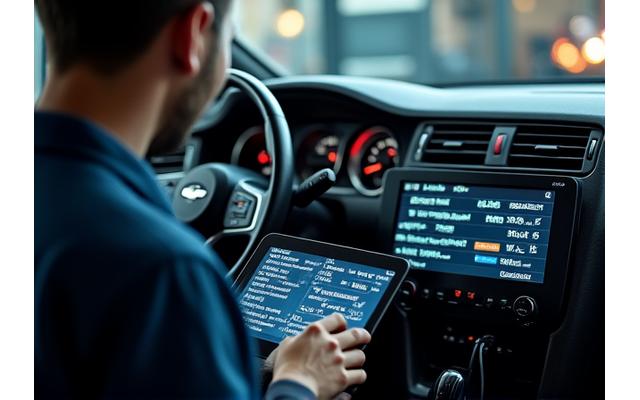 最新の診断ツールを使用して車両をチェックする整備士