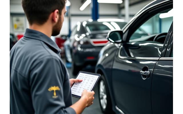中古車の徹底的な購入前点検を行う整備士
